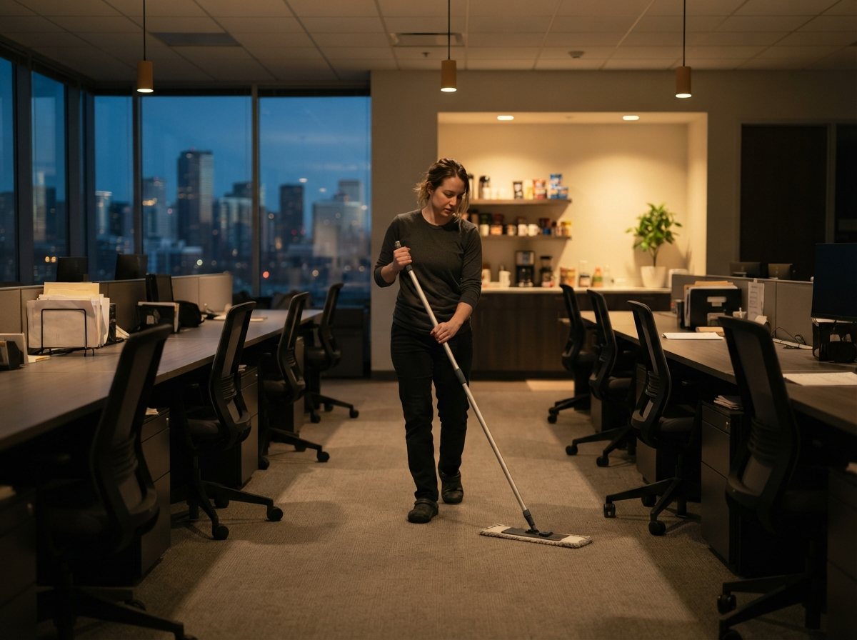 An office floor after hours: a cleaner running a microfiber flat mop down a wide aisle between desks, chairs pushed in, desk surfaces wiped and clear, low warm ceiling light with early evening city glow through the window wall, a restocked break-room shelf and a small plant visible at the end of the aisle. Same eye-level, wide-to-medium lens, same warm-neutral grade as the bedroom cell.