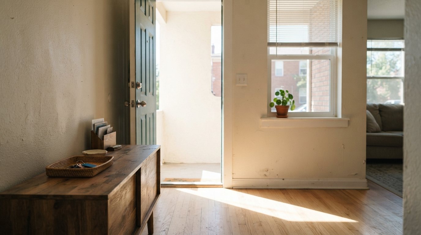 The finished rental unit, empty and ready: the front door standing open, a tray with keys on the console beside it, a wide shaft of morning light lying across a clean floor, blinds opened, a small plant on the sill, nobody in frame. Wide, eye-level, straight verticals, same warm-neutral daylight grade as the hero.