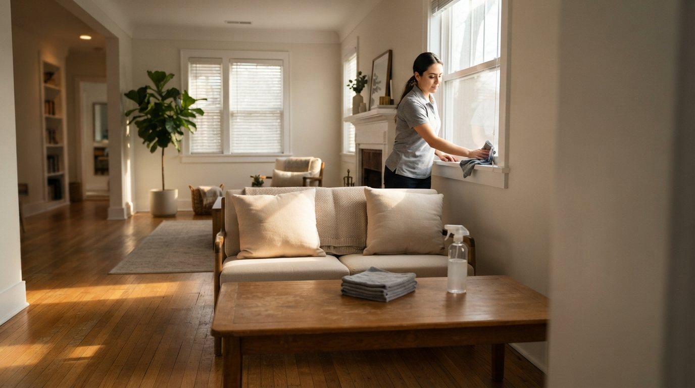 A bright Denver living room in early morning light: sun raking low across a freshly mopped medium-oak floor, a cleaner in a plain grey polo and dark trousers finishing the far window ledge at the back-right of the room, a folded stack of grey microfiber cloths and a spray bottle on the coffee table, cushions squared on the sofa, blinds opened. Clean, well-kept, confident — nothing grimy, nothing dim. Composed with the window, the light shaft and the cleaner's head all inside the upper-left and upper-right thirds of the frame with minimal ceiling headroom, so the picture reads whole when a phone shows its full uncropped height, and the single cleaner is fully in frame with no second person to slice at a narrow crop.