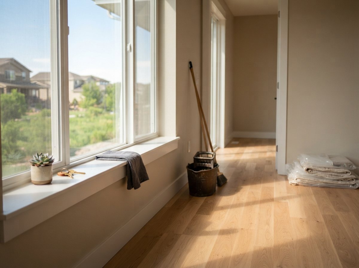 A newly built room after the trades have gone: dust cleared from the sills and the fresh drywall, plastic sheeting removed and folded in the corner, windows glazed clean with daylight coming straight through, a mop bucket and a broom leaning by the open doorway, bare new floor swept clean and free of debris. No people.